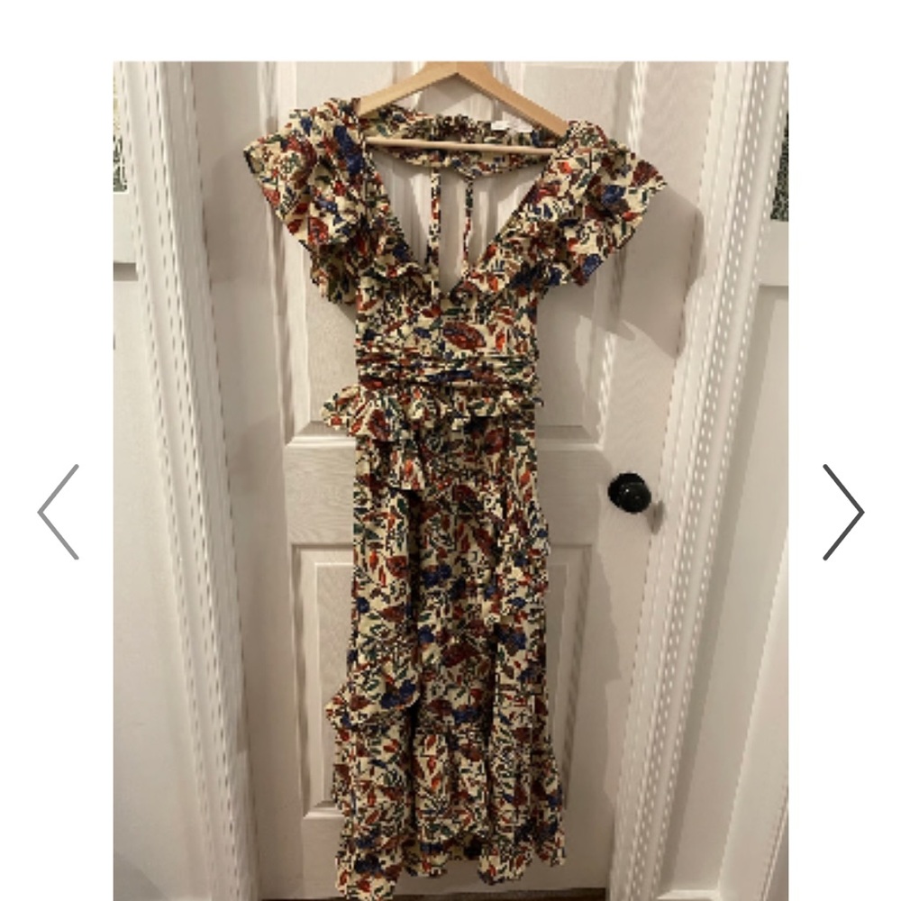 Brand New House of Harlow 1960 Blue Cream Ruffled Wrap Maxi Dress - Picture 3 of 3